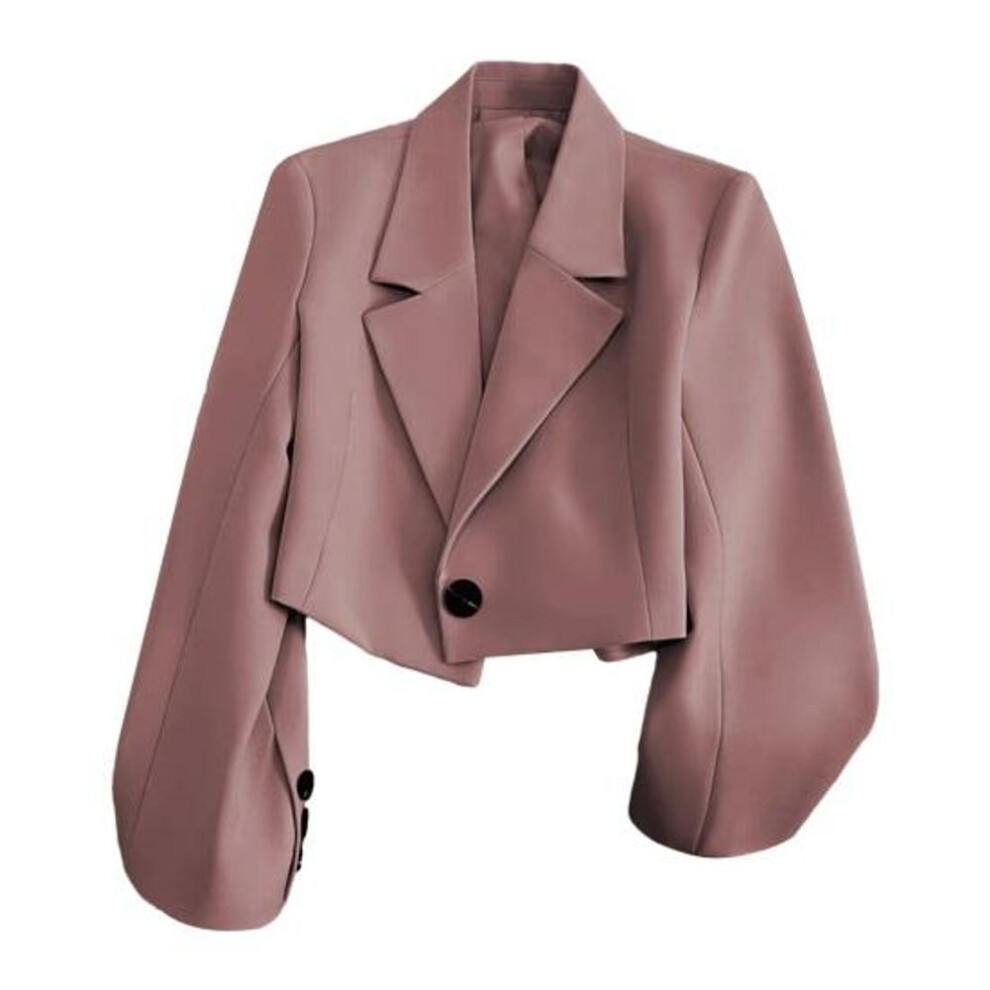 (pink, M) Women Suit Coat Formal Business Style Turn-down Collar Button Decor Slim Fit Short Solid Color Long Sleeves Cardigan Single Button Closure Ol