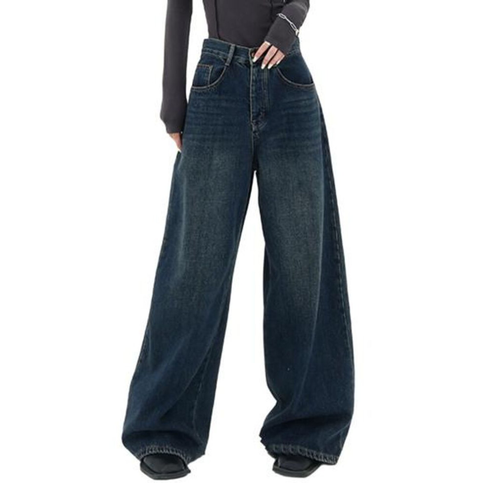 (dark blue, XL) Women Retro Jeans High Waist Straight Wide Leg Long Pants Pockets Dark Color Oversized Denim Pants Streetwear