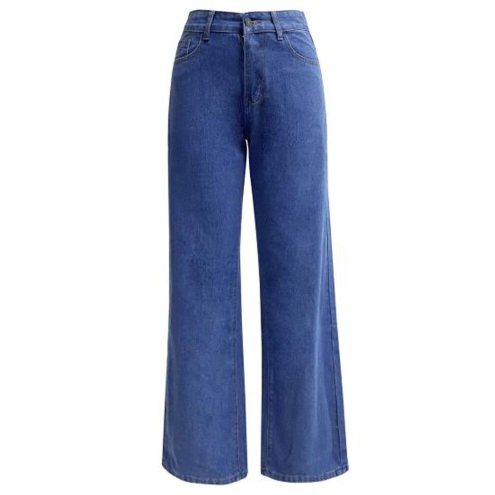 (dark blue, L) Women Jeans High Waist Zipper Button Closure Solid Color Slim Fit Wide Leg Retro Straight Pockets Soft Colorfast Lady Full Length Denim Pants