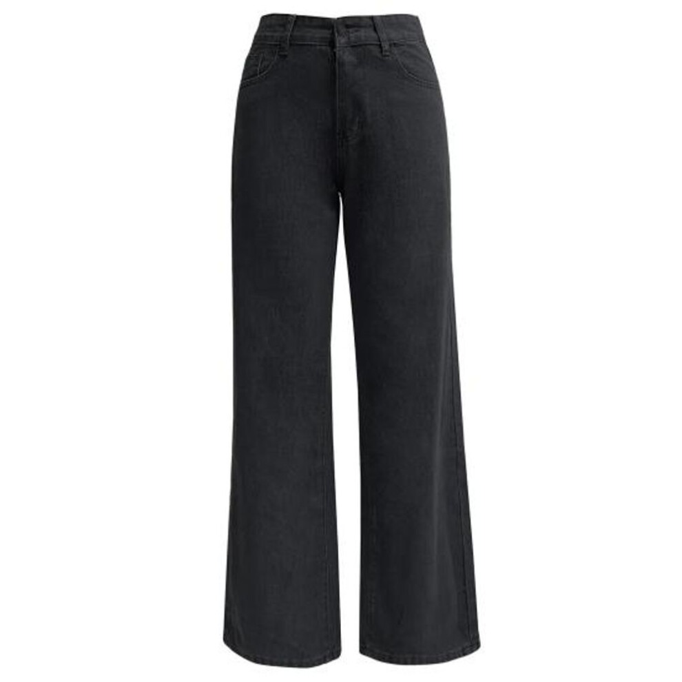 (black, 2XL) Women Jeans High Waist Zipper Button Closure Solid Color Slim Fit Wide Leg Retro Straight Pockets Soft Colorfast Lady Full Length Denim Pants