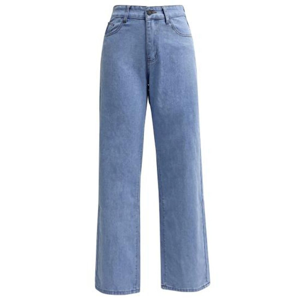 (light blue, M) Women Jeans High Waist Zipper Button Closure Solid Color Slim Fit Wide Leg Retro Straight Pockets Soft Colorfast Lady Full Length Denim Pants