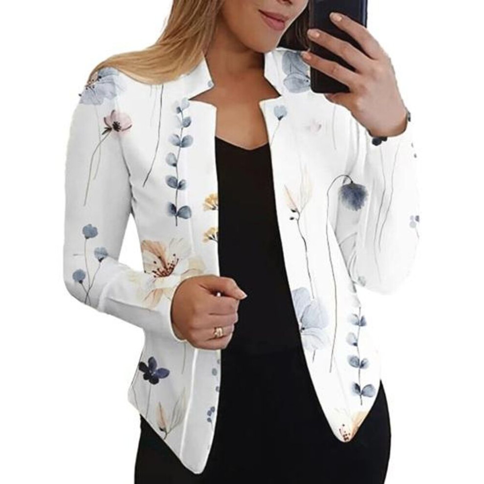 (white, M) Women Suit Jacket Casual Floral Print Stand Collar Long Sleeves Open Front Slim Fit Office Ladies Suit Coat Top Womenswear