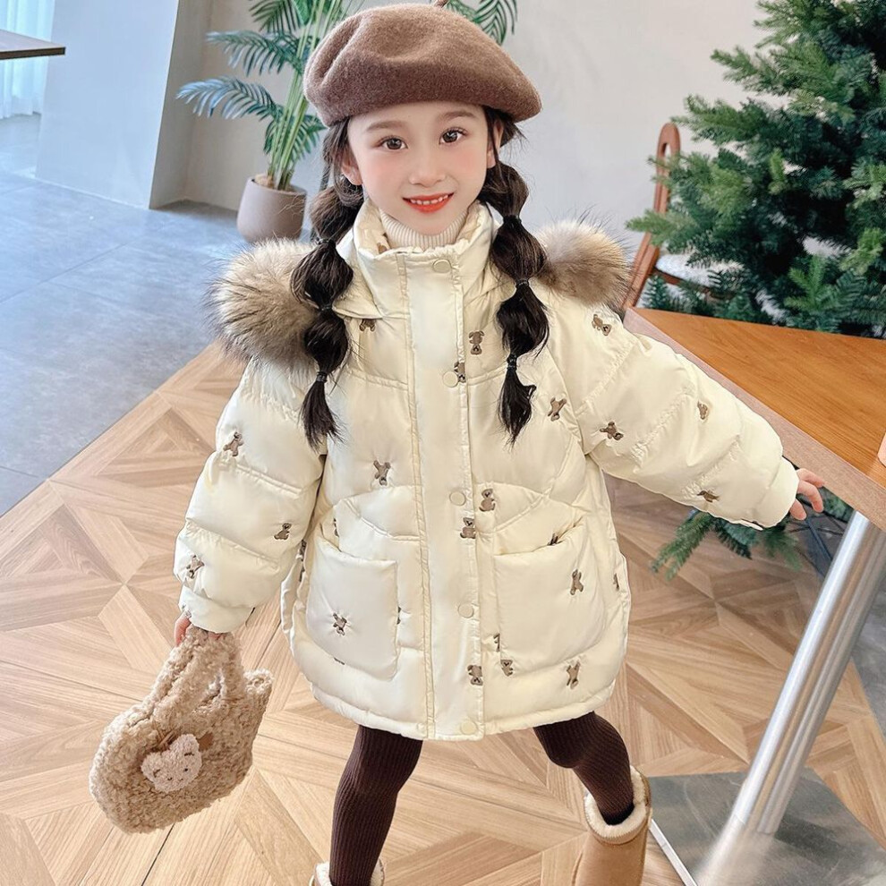 (white, 110cm) Winter Girls Hooded Thick Warm Embroidery Bear Parkas Kids Casual Coat Outerwear
