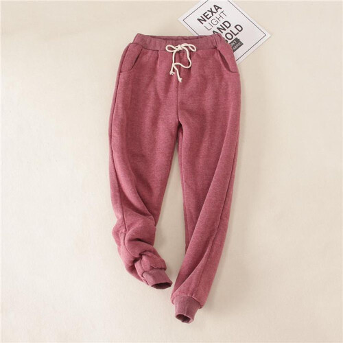 (wine red, L) Women Fleece Lining Sweatpants Warm Thicken Winter Jogger Pants Harem Lady Casual Trousers Drawstring