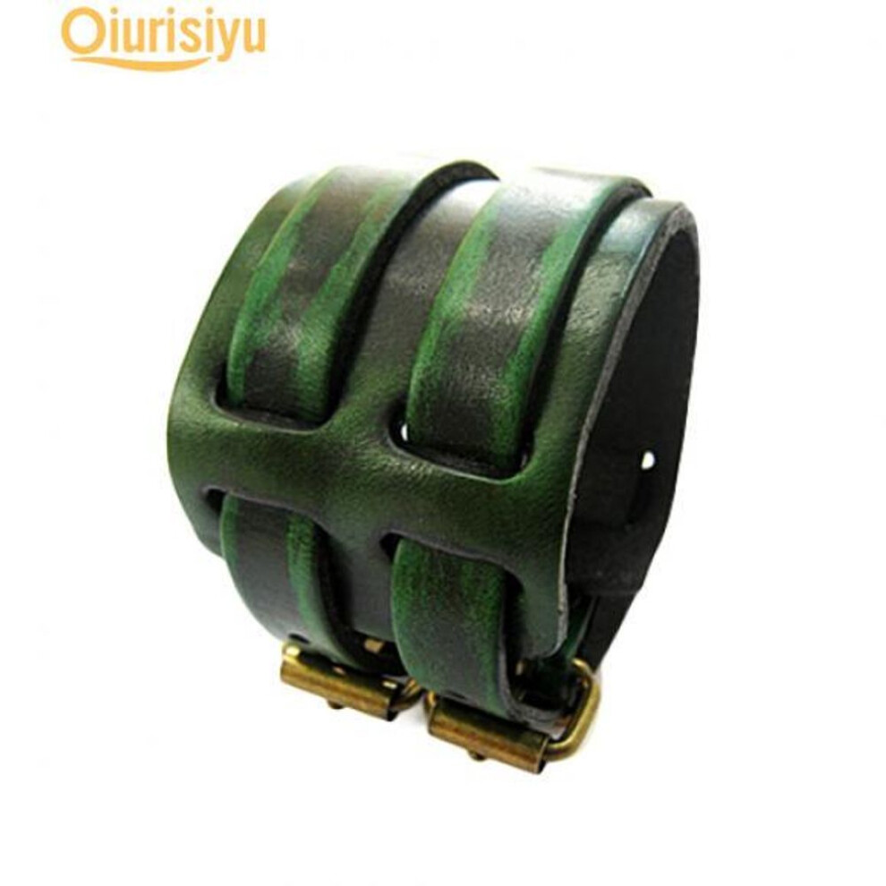 (green) Men 2 Layer Punk Wide Belt Faux Leather Bracelet Wristband Cuff Bangle Gift