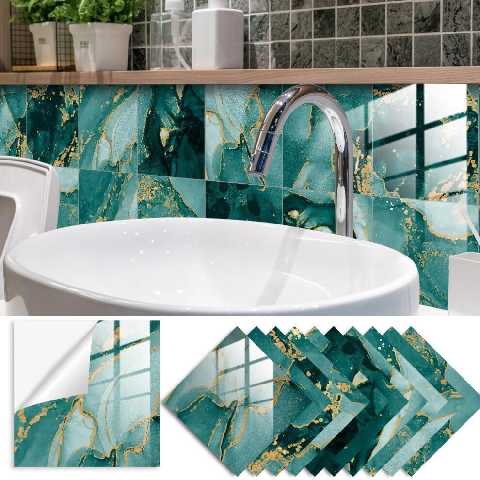 (10x10cm-10Pcs) 10pcs Green Marble Tiles Sticker Kitchen Wardrobe Bathroom Home Decor Self-adhesive Crystal Hard Film Art Wall Decals