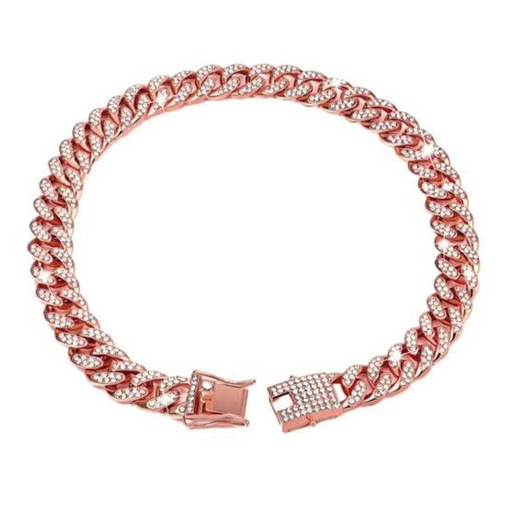 (rose gold, M) Pet Dog Cuban Chain Collar Wide Sparkling Rhinestones Dog Necklace Small Medium Large Dogs Jewelry Accessories