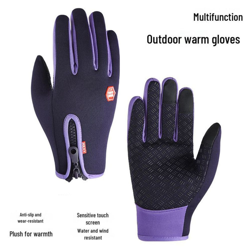 (purple, S) Unisex Splash-Proof Touch Screen Cycling Gloves for Autumn & Winter, Cold-Proof Zipper, Plus Velvet Lining, Thick & Warm.