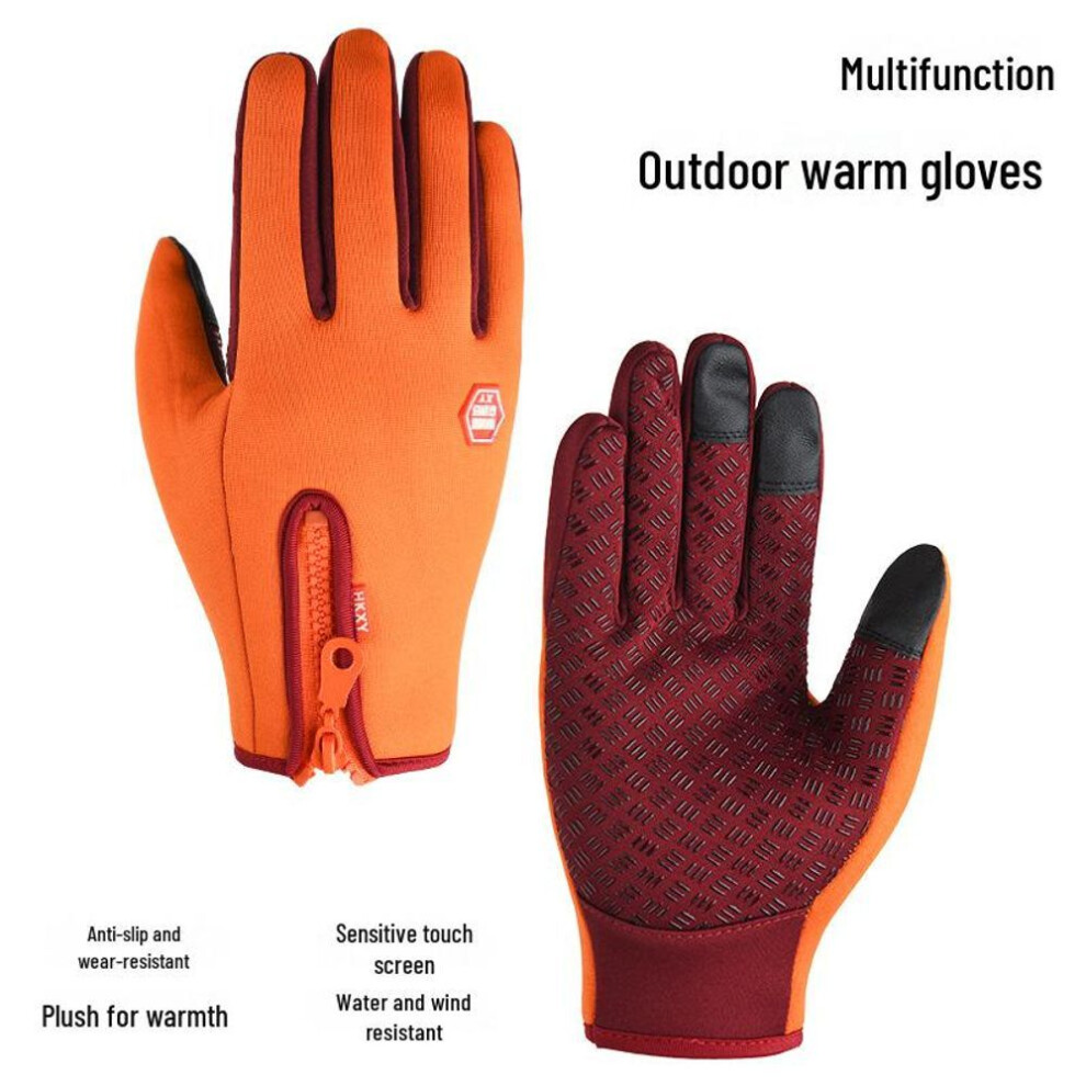 (orange, S) Unisex Splash-Proof Touch Screen Cycling Gloves for Autumn & Winter, Cold-Proof Zipper, Plus Velvet Lining, Thick & Warm.