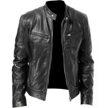 (Black, S) Men Leather Faux Jacket Motorcycle Biker Slim Fit Coat Warm Outwear Outwear Tops