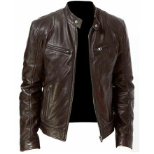 (Brown, L) Men Leather Faux Jacket Motorcycle Biker Slim Fit Coat Warm Outwear Outwear Tops