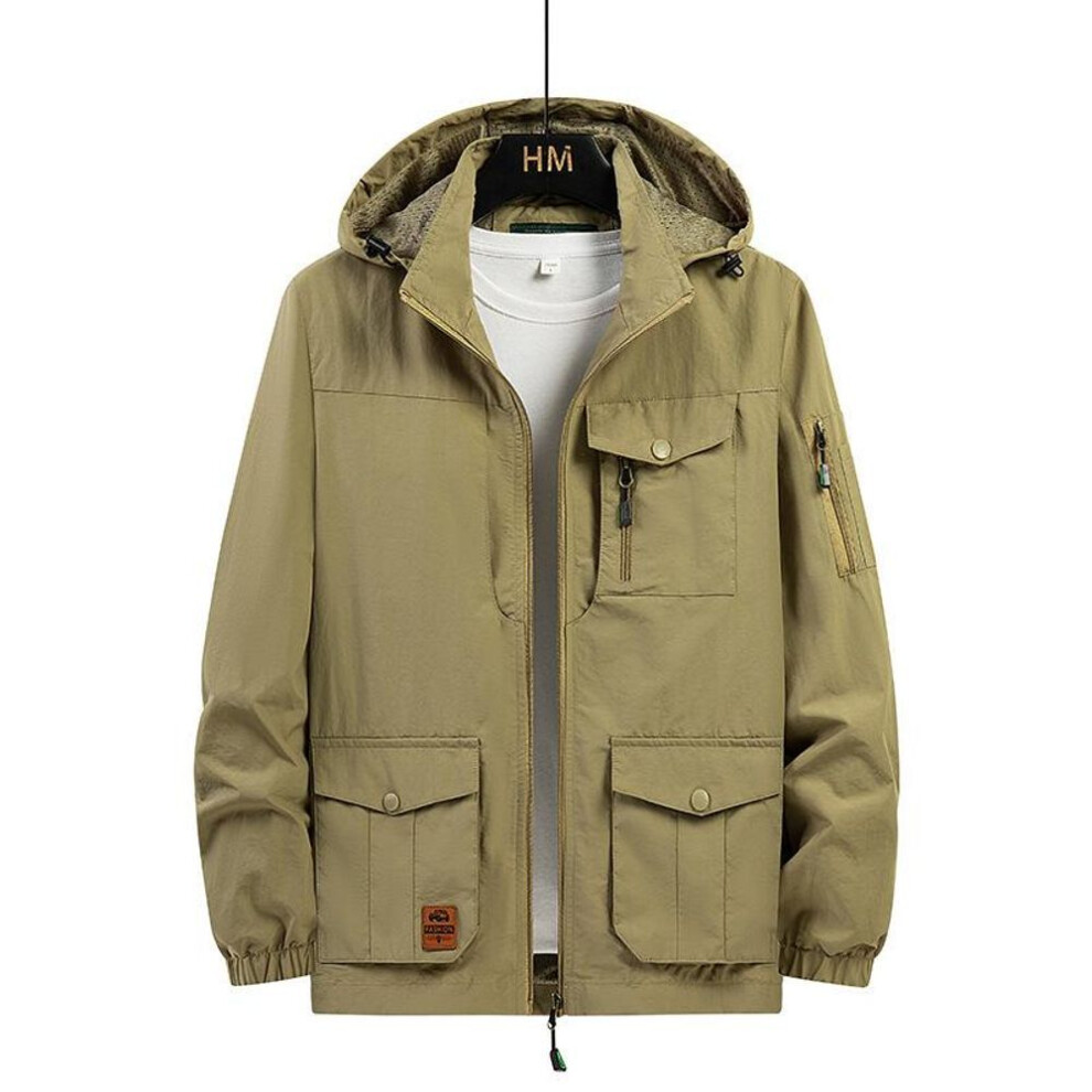 (khaki, XL) Fashion Spring Jacket Men&apos;s Loose Plus Size Autumn Multi Pocket Jacket Can Take Off Outdoor The Hood Work Coat Large Size Solid