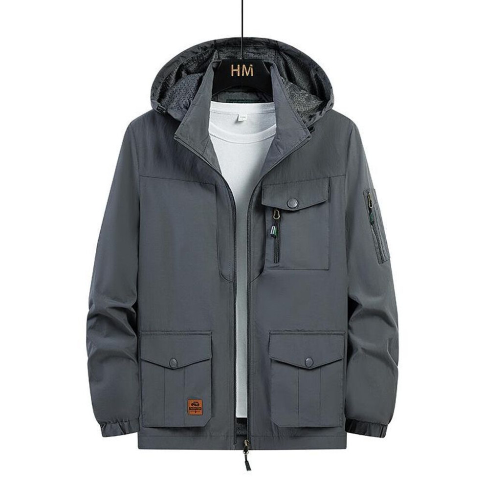 (grey, L) Fashion Spring Jacket Men&apos;s Loose Plus Size Autumn Multi Pocket Jacket Can Take Off Outdoor The Hood Work Coat Large Size Solid