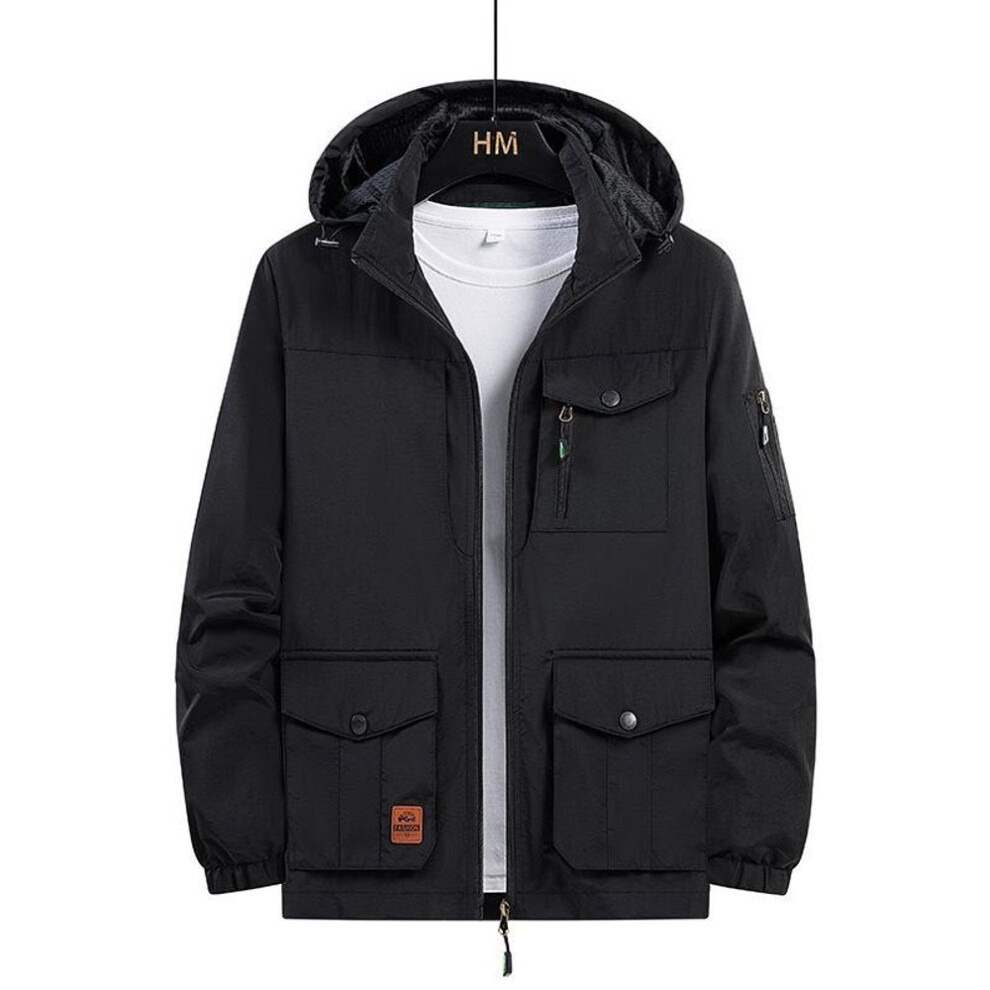 (black, M) Fashion Spring Jacket Men&apos;s Loose Plus Size Autumn Multi Pocket Jacket Can Take Off Outdoor The Hood Work Coat Large Size Solid