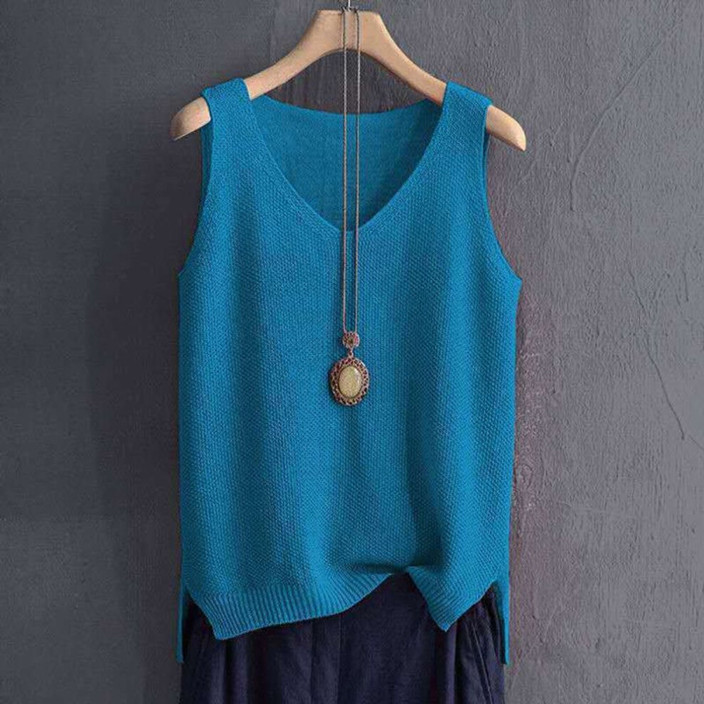(blue, M) Spring V-neck Vest Female Student Knitted Sweater Waistcoat Vest Plus Size