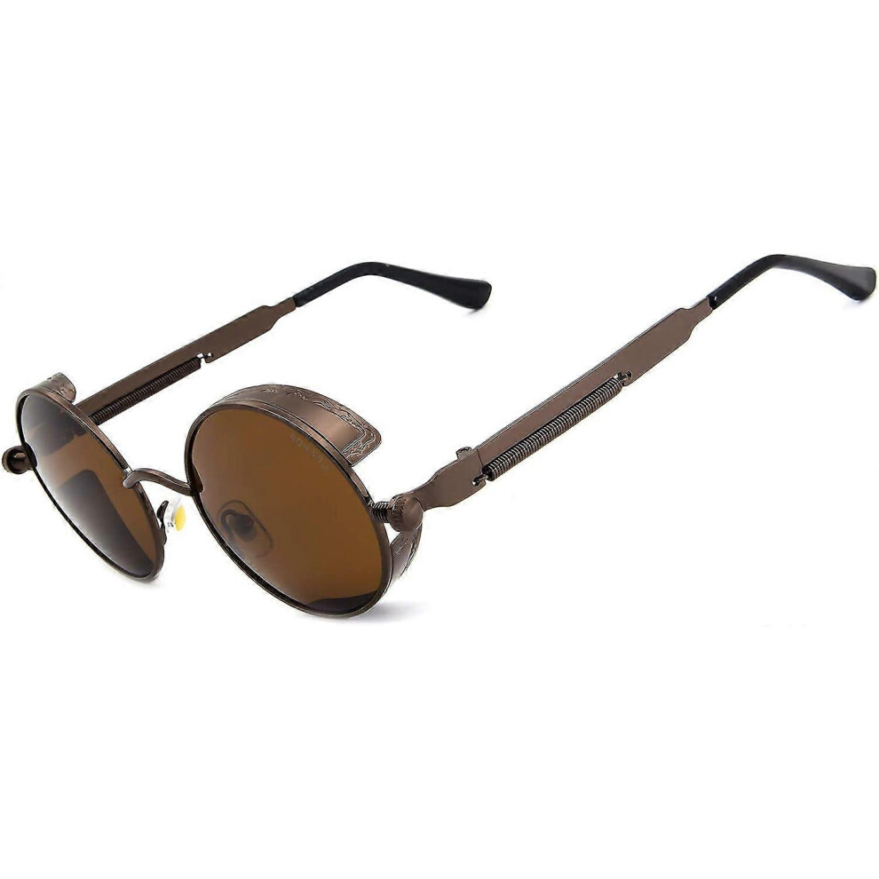 (As show, One size) LINJOU Steampunk Style Round Vintage Polarized Sunglasses UV400 Protection Metal Frame