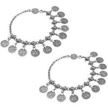 (As show, One size) LINJOU 2PCS Tribal Ethnic Coin Tassel Gypsy Anklets Chain Adjustable Boho Anklets Foot Chain Jewellery (Silver)