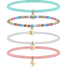 (As show, One size) LINJOU Summer Boho Layered Beaded Anklet, 4 Pieces Elastic Colorful Bead Bracelet Chain Aesthetic