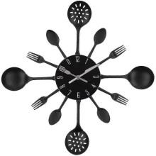 (Black, One size) Wall Clock, 16" Metal Kitchen Cutlery Utensil Spoon Fork Wall Clock