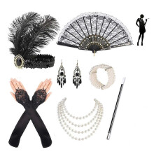 (As show, One size) 1920s Flapper Accessories Gatsby Women Costume Accessories 20s Flapper Headband Pearl Necklace Bracelet Earrings Gloves Set