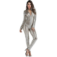 (S, One size) Women's Sexy Hollow Catsuit Jumpsuit Metallic Clubwear Costume Stripper Leather Lingerie