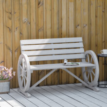 Outsunny 2 Seater Garden Bench w/ Wooden Cart Wagon Wheel Grey