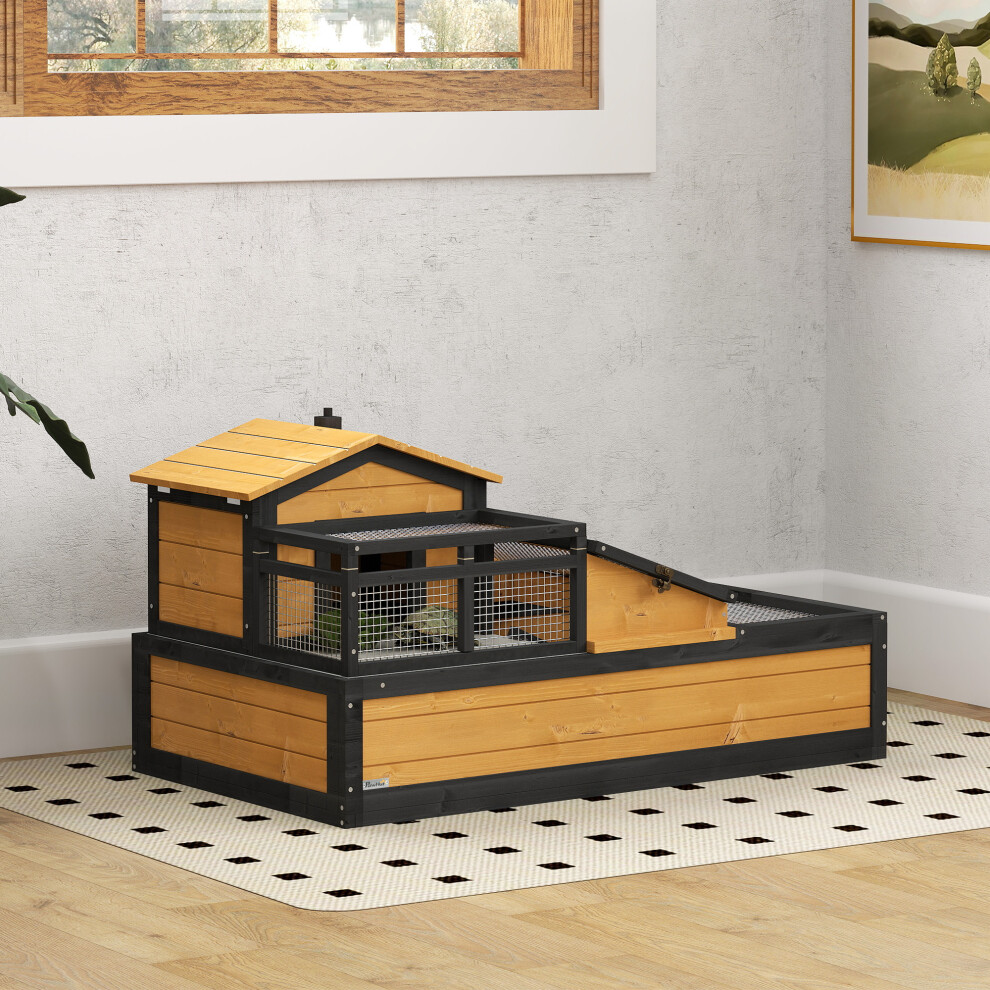 PawHut Wooden Tortoise House Indoor Outdoor w/ Balcony, Tray, Openable Roof