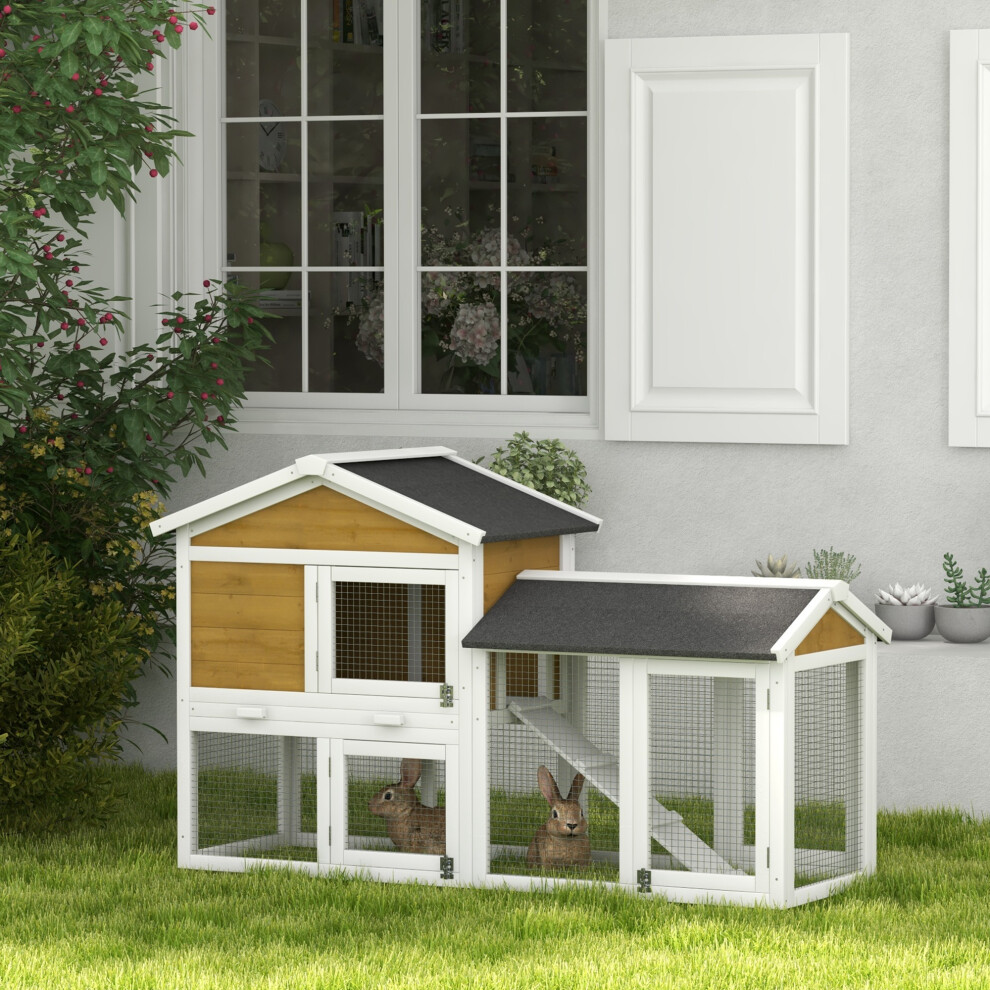 Pawhut Rabbit Hutch, Guinea Pig Hutch Outdoor Double Tier W/ Ramp, Yellow