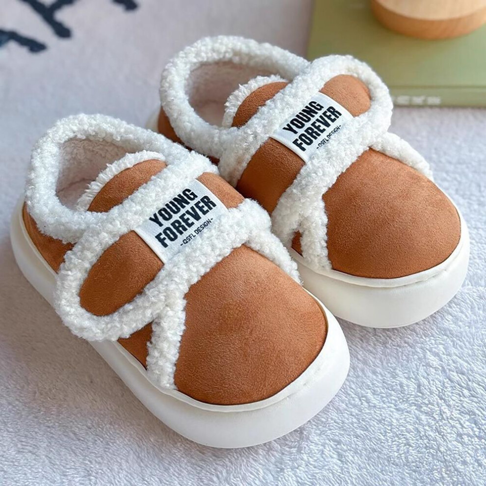(khaki, 42-43) Mo Dou Women&apos;s Casual Retro Cotton Slippers Winter Package Heel Home Non-slip Cotton Shoes Cute Plush Warm Cotton Shoes