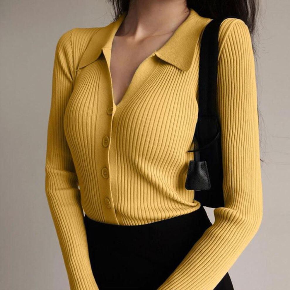(yellow, OneSize) Polo Neck Pullovers Sweaters Women Spring Autumn Primer Shirt Long Sleeve Short Turn-down Collar Hollow Buttons Knitted Tops Solid One Size