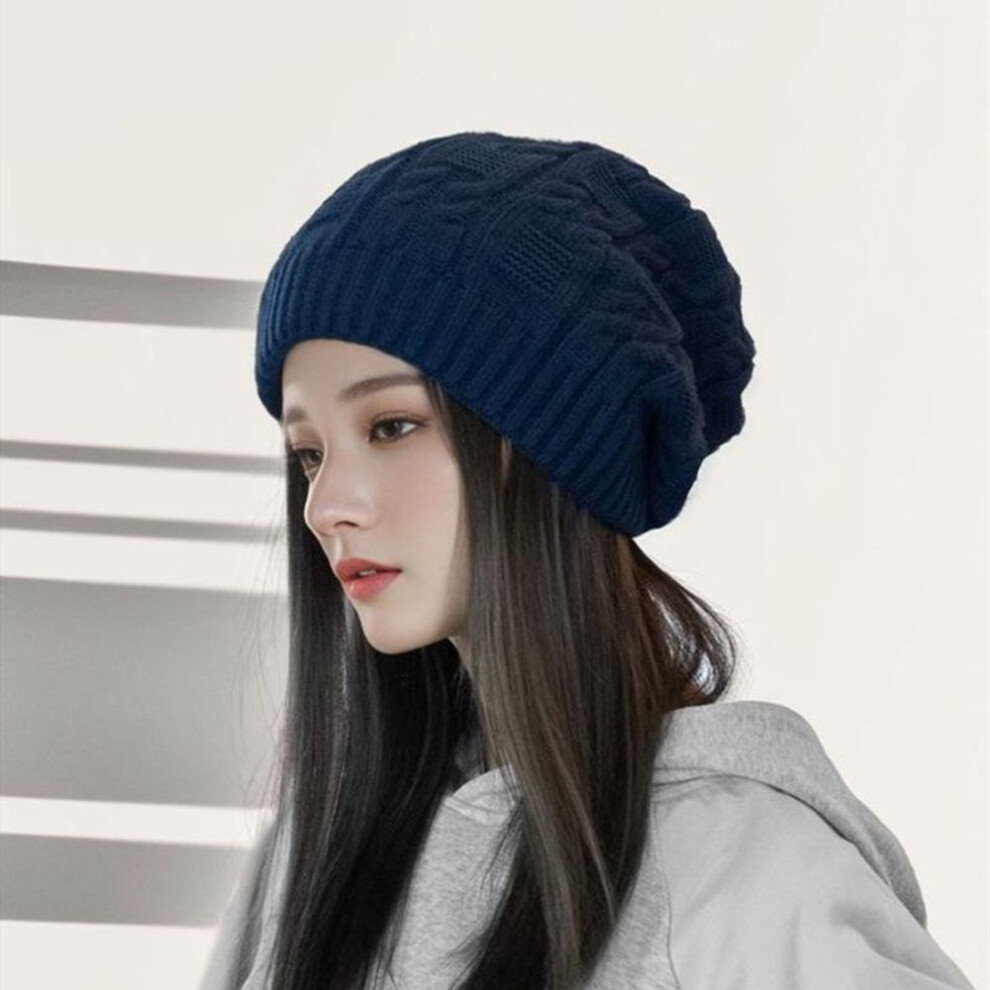 (navy blue, One Size) Women Winter Warm Knitted Newborn Hat Large Head Small Face Versatile Ear Protection Fashion Wool Pile Hat