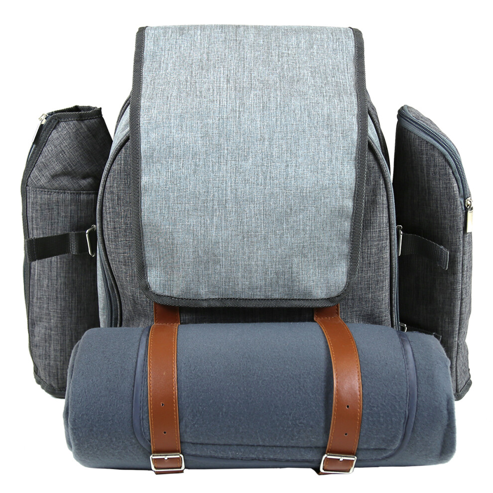 Charles Bentley Grey 4 Person Picnic Bag Backpack Including Cutlery, Plates, Glasses, Blanket, Cool Bag