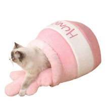 (Pink, One size) Cute Honey Pot Cat Bed Enclosed Winter Warm Pet Dog House Universal Comfortable Pet Plush Kennel