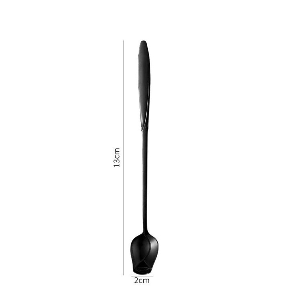 (black, 13CM) Long Handle Coffee Spoon Stainless Steel Rose Stirring Spoon Unusual Flower Scoop Tiny Teaspoon For Dessert Ice Cream Nice Gift
