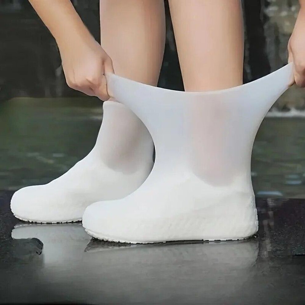 (white, M=34-40) Rubber Rain Boot Overshoes For Outdoor Use Silicone Waterproof Shoe Covers Rainy Day Shoe Cover Reusable