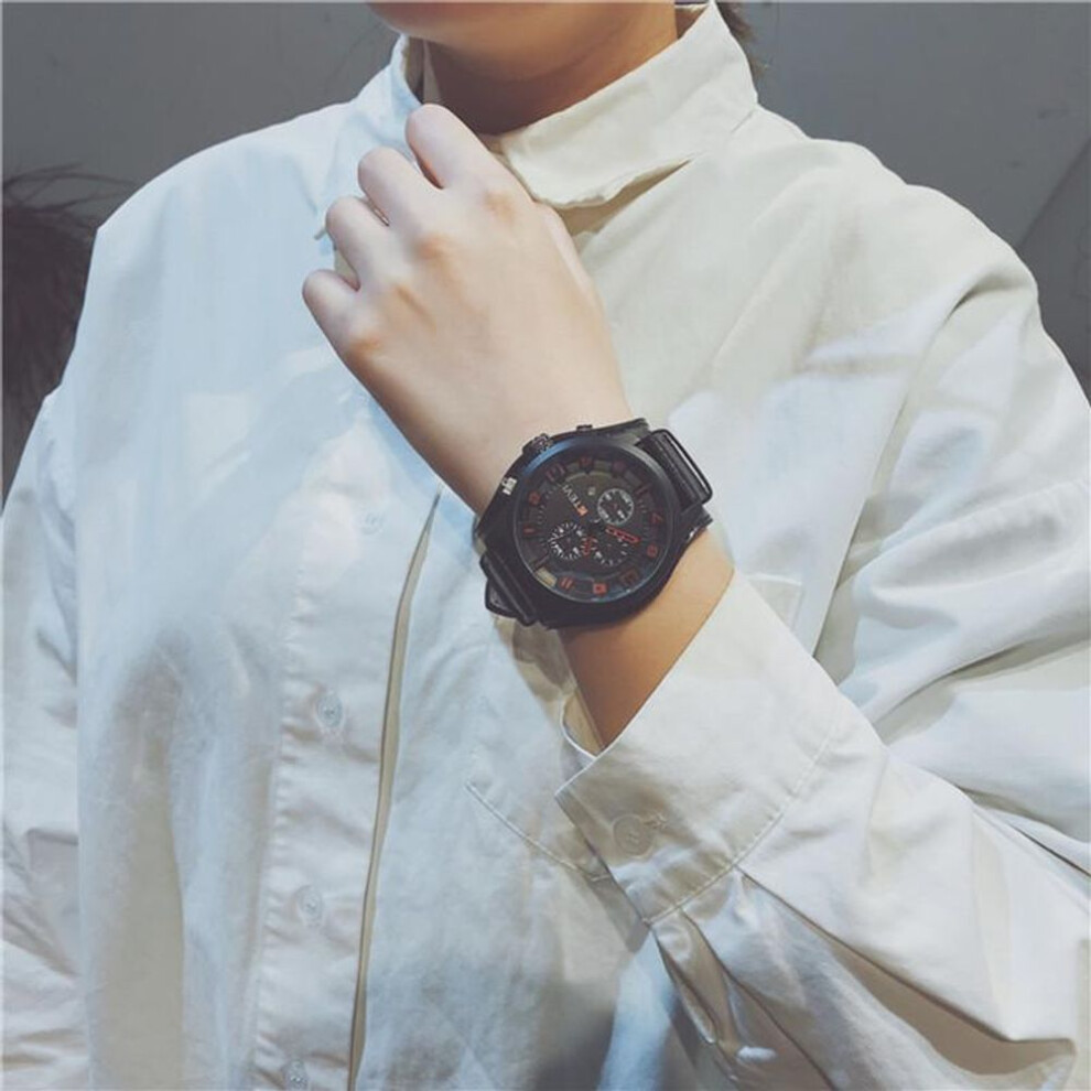 (black) Watch Men Large Dial Sport Watches Leather Strap Oversized Quartz Wrist Watch Army Military Clock Relogios Masculino