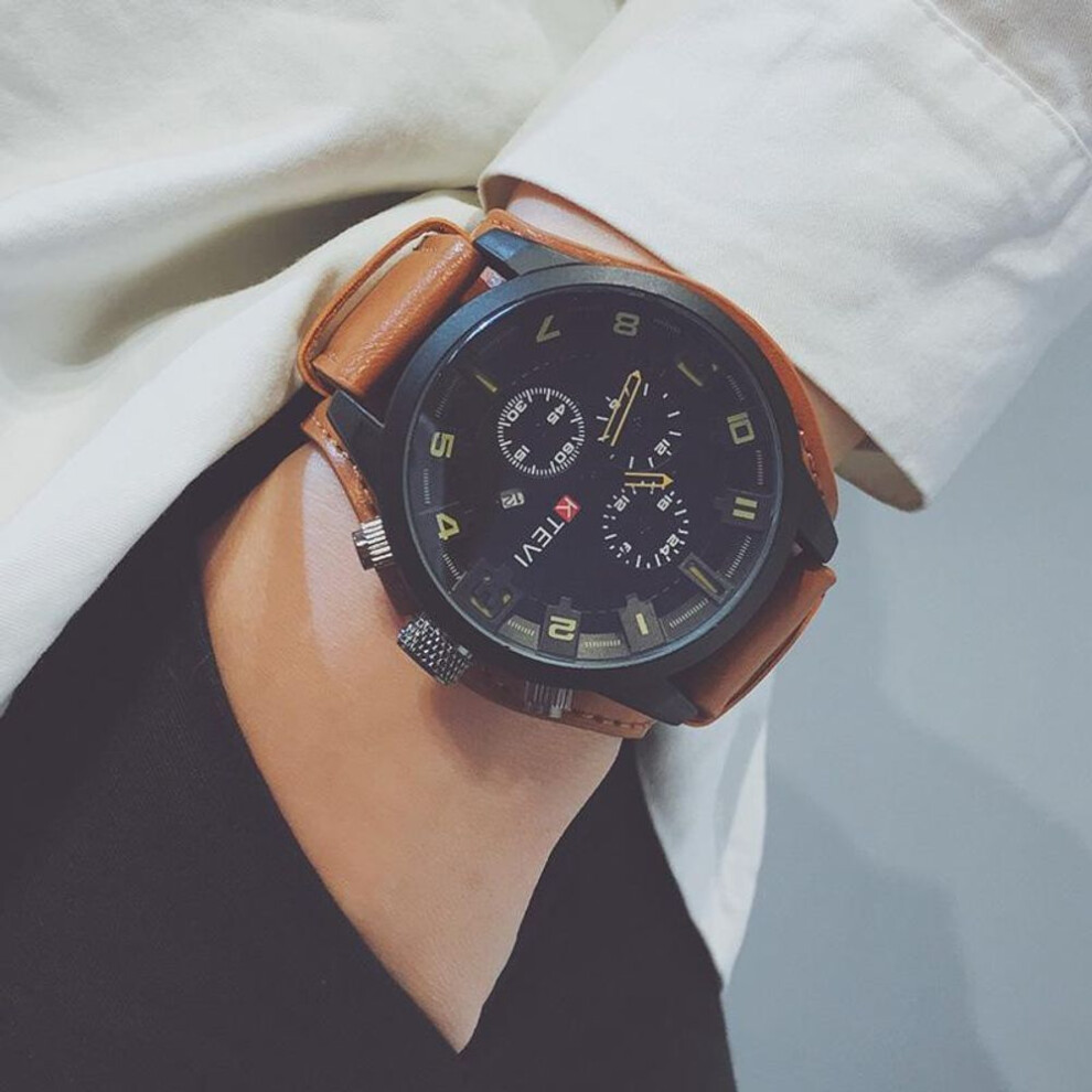 (orange) Watch Men Large Dial Sport Watches Leather Strap Oversized Quartz Wrist Watch Army Military Clock Relogios Masculino