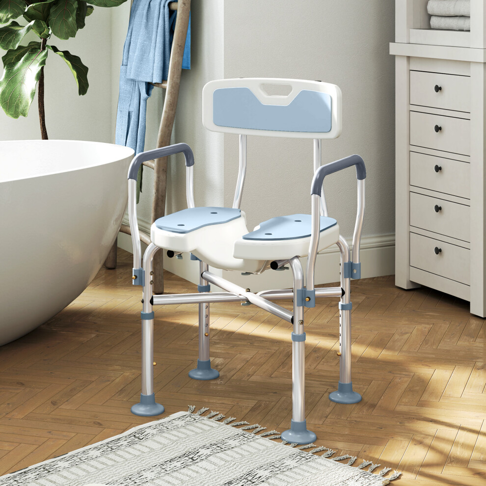 HOMCOM Padded Bath Chair with Slotted Seat and Adjustable Height, Light Blue