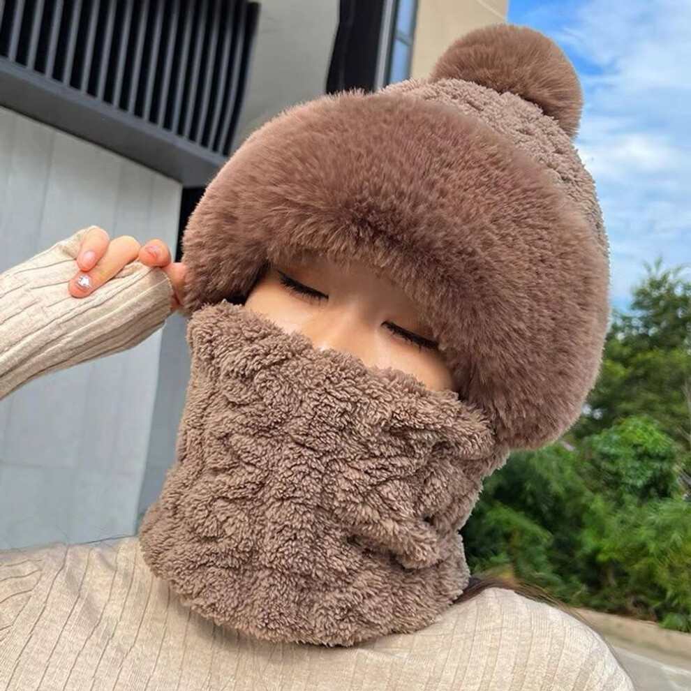 (brown, 55-60cm) Winter Warm Hat Beanies Scarf Warm Breathable Rabbit Hair Blend Knitted Hat Scarf for Women Protection Caps Windproof Hats