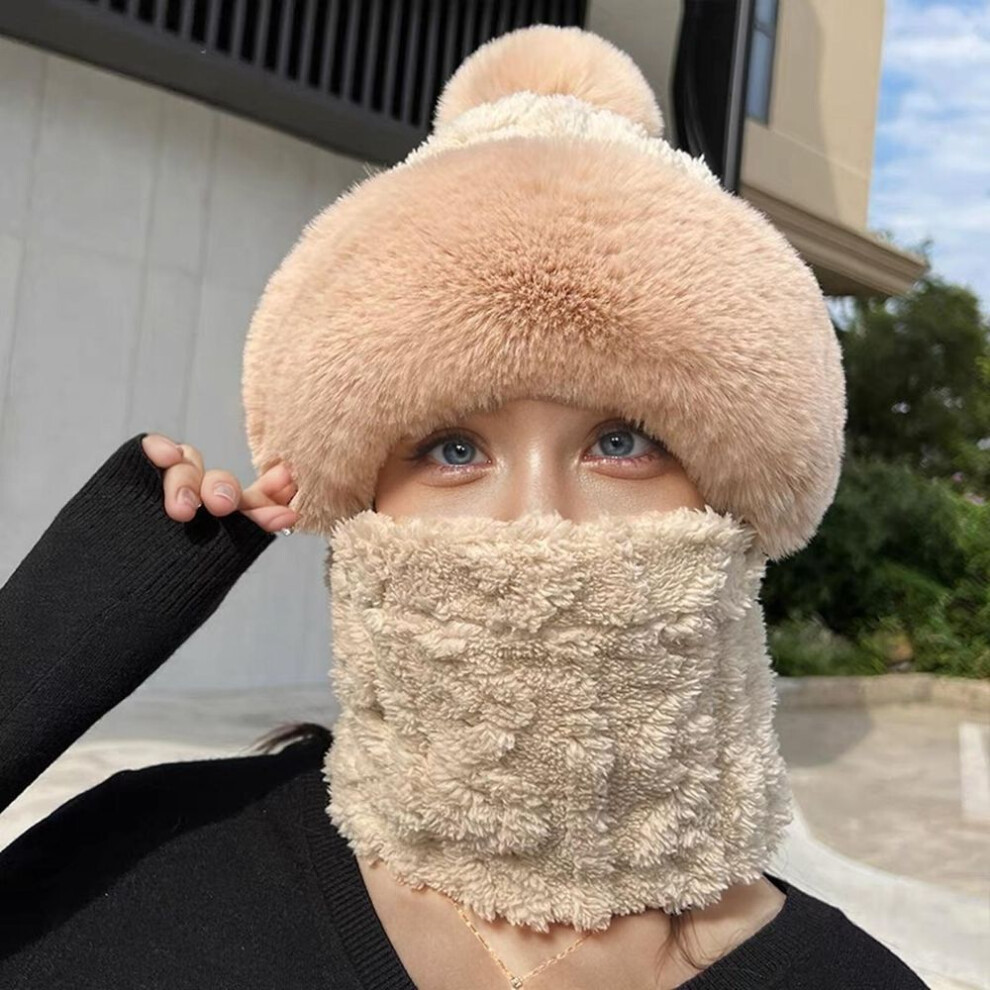 (khaki, 55-60cm) Winter Warm Hat Beanies Scarf Warm Breathable Rabbit Hair Blend Knitted Hat Scarf for Women Protection Caps Windproof Hats