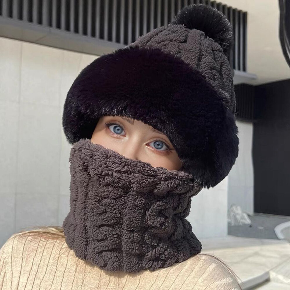 (black, 55-60cm) Winter Warm Hat Beanies Scarf Warm Breathable Rabbit Hair Blend Knitted Hat Scarf for Women Protection Caps Windproof Hats