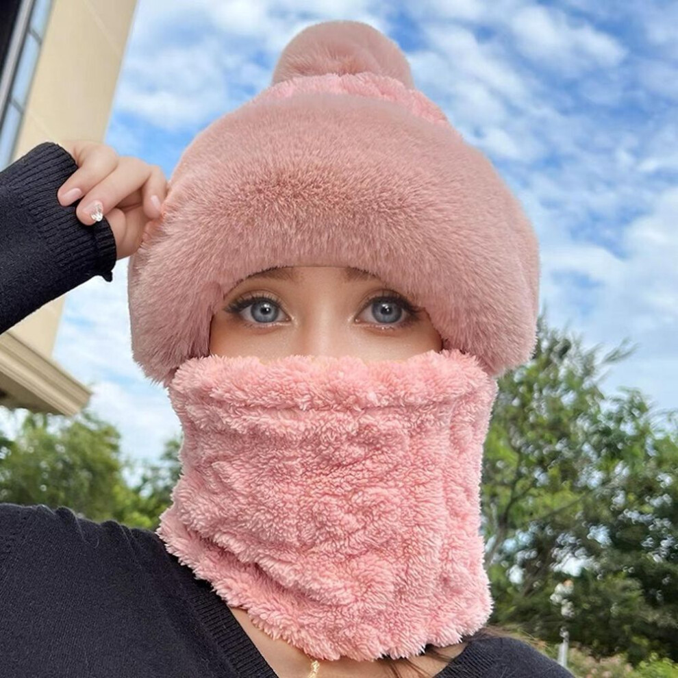 (pink, 55-60cm) Winter Warm Hat Beanies Scarf Warm Breathable Rabbit Hair Blend Knitted Hat Scarf For Women Protection Caps Windproof Hats