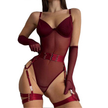 (S, One size) Fun and sexy jumpsuit, mesh splicing, shaping, strapping underwear with gloves
