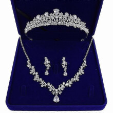 (As show, One size) Bridal Crystal Necklace Dangle Earrings Crown Tiara Jewelry Set For Wedding