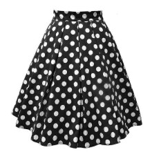(L, One size) Black Skirt Women Vintage Pleated Polka Dot Skirt A-line Printed Mid Skirts