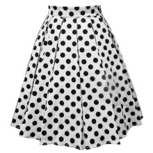 (M, One size) White Skirt Women Vintage Pleated Polka Dot Skirt A-line Printed Mid Skirts
