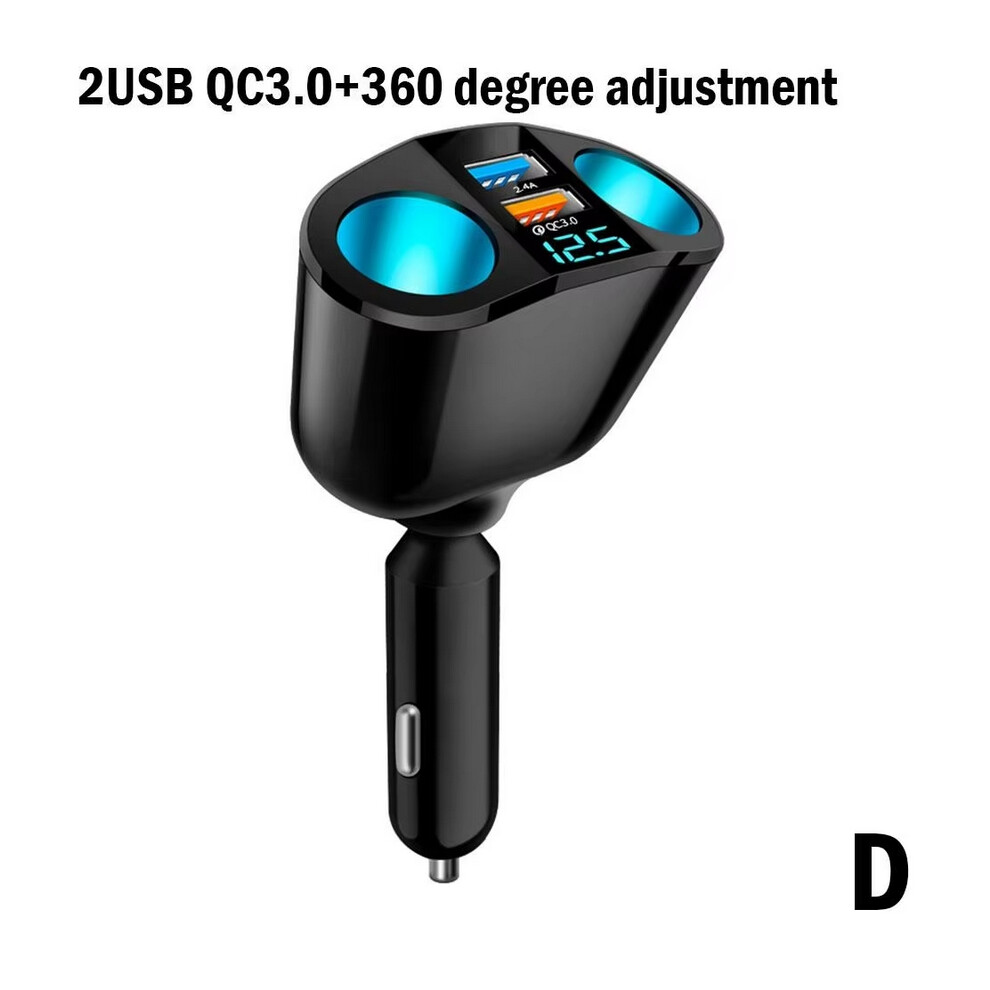 (2Usb-Qc3.0-360) Car Cigarette Lighter 12V-24V Socket Splitter Atmosphere Pd Qc3.0 2 Usb Charger C Ports For Mobile Phone Dvr Chargers Blue/Light 6922052954473