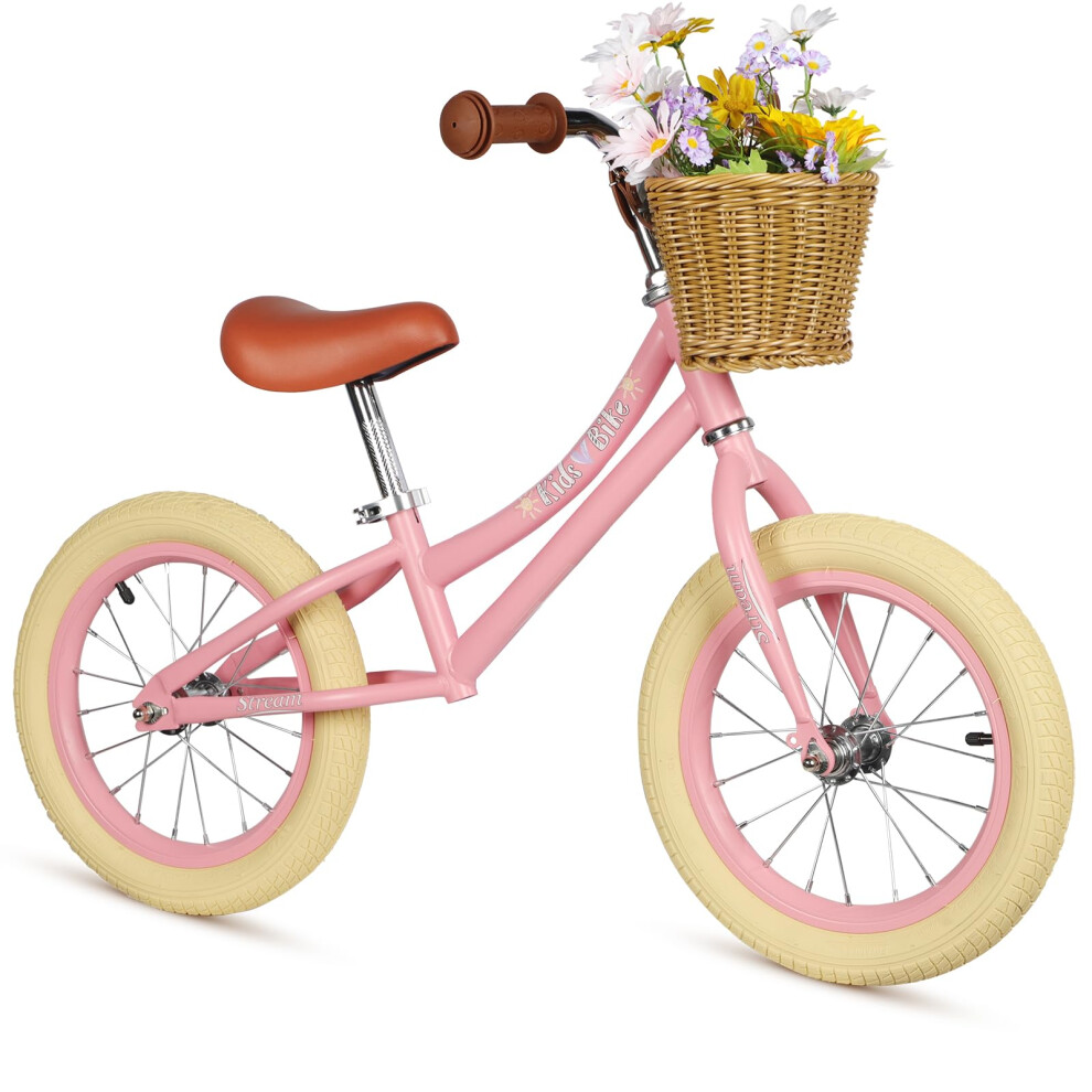(pink) H.yeed 14 Inch Kids Balance Bike, Lightweight Height-adjustable Push Bike with Removable Basket and Rubber Air Tires