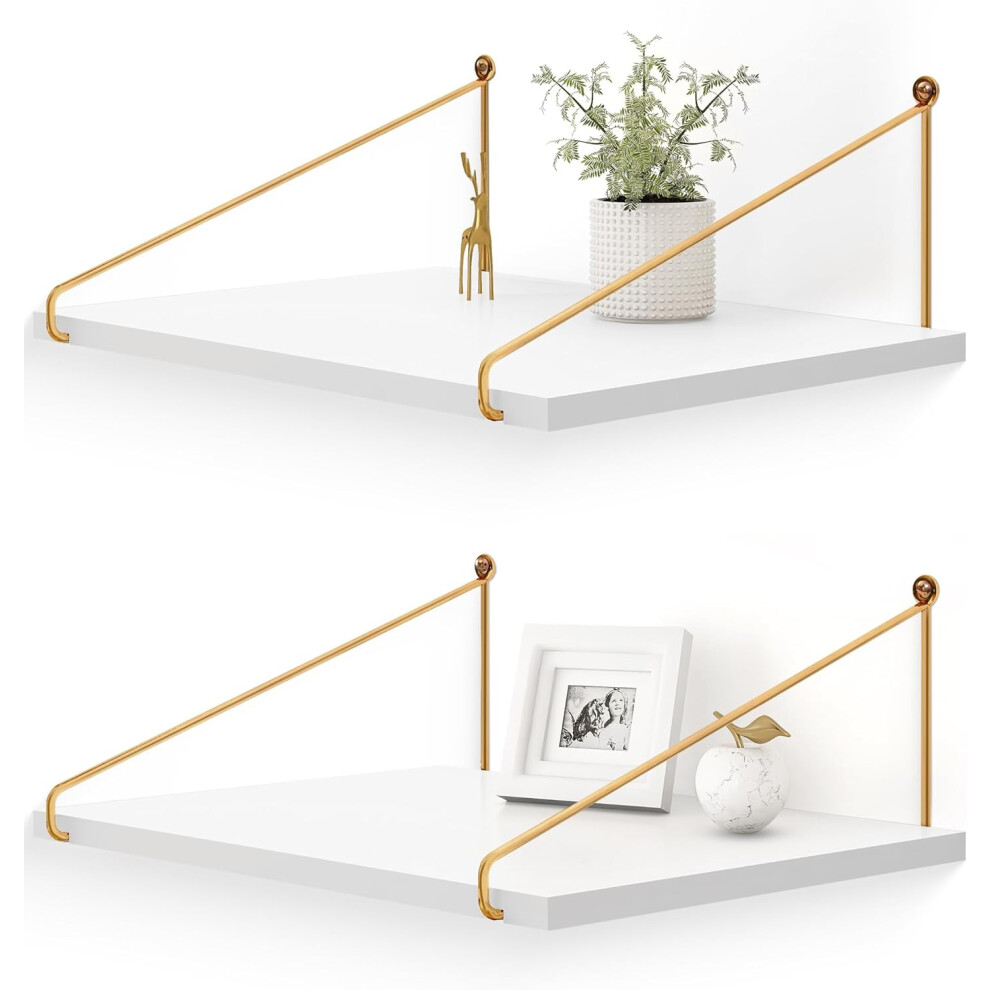 (12 inch Wide, White) Wide Floating Shelves White Wood Wall Shelf with Gold Bracket Large Wall Organizer 12 inch Deep Storage Shelves for Bedroom, Bathroom