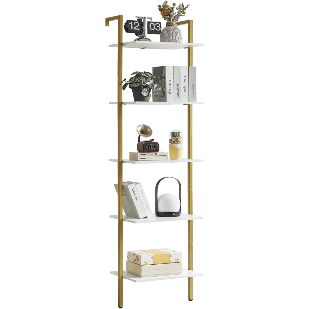 (White) Bookshelf Wall Mounted, Ladder Shelf, 5-Tier Bookcase Rack, Storage Unit with Metal Frame, Industrial Floating Wall Shelf for Living Room,